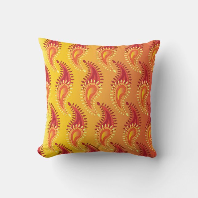 Oriental Orange Twin flame Persian Paisley Pattern Throw Pillow (Front)