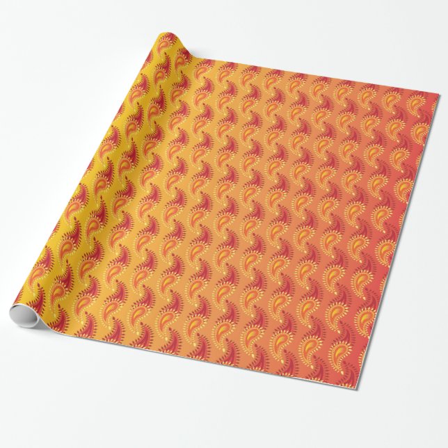 Oriental Orange Twin flame Persian Paisley Pattern Wrapping Paper (Unrolled)