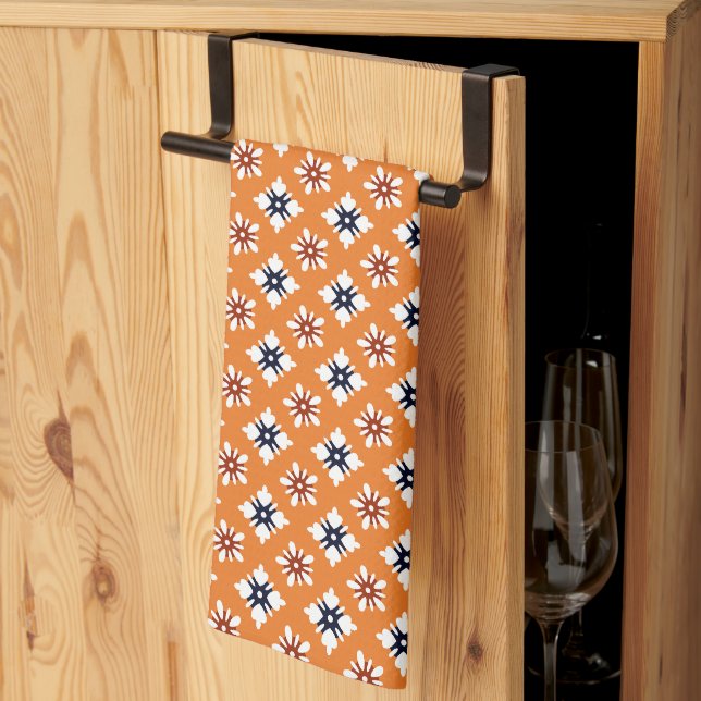 Oriental Orange White Red Katazome Flowers Pattern Kitchen Towel (Thirds Fold)