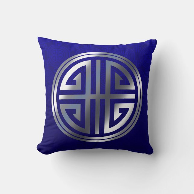 Oriental Ornamental Long Life Symbol cobalt silver Throw Pillow (Front)