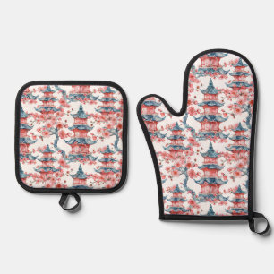 Oriental Pagoda Sakura Blossom Red Art Oven Mitt & Pot Holder Set