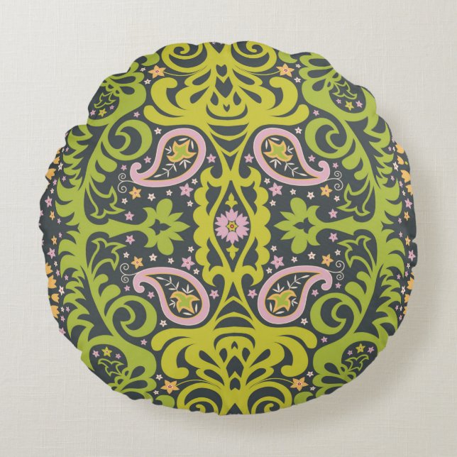 Oriental paisley ornament; decorative seamless flo round pillow (Front)