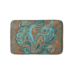 Oriental Paisley Pattern Watercolor and Gold Bath Mat