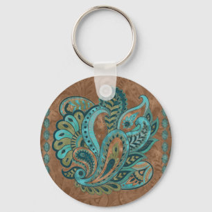 Oriental Paisley Pattern Watercolor and Gold Keychain