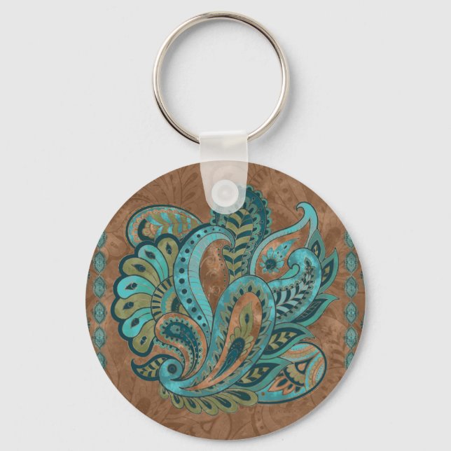 Oriental Paisley Pattern Watercolor and Gold Keychain (Front)