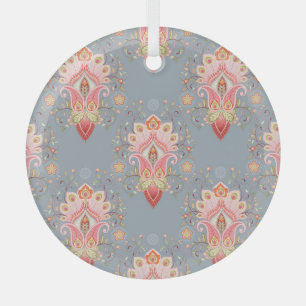 Oriental Paisley Peacock Feather Background Glass Ornament