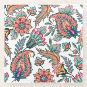 Oriental Paisley: Vintage Floral Seamless Glass Coaster