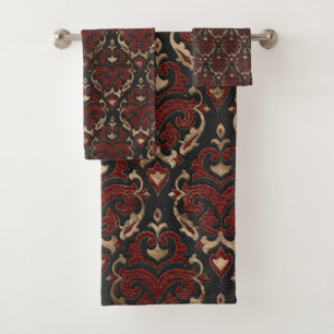 Oriental Pattern - Black and Red Leather Bath Towel Set