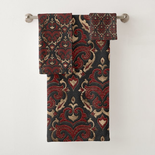 Oriental Pattern - Black and Red Leather Bath Towel Set (Insitu)