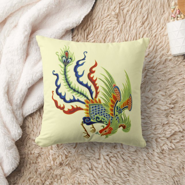Oriental Peacock Vintage Art Throw Pillow (Blanket)