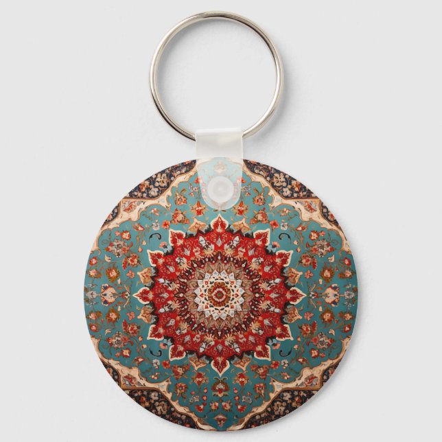 Oriental Persian Pattern Red Cream Blue Keychain (Front)