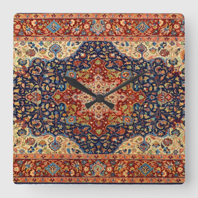Oriental Persian Turkish Carpet Pattern Square Wall Clock (Front)