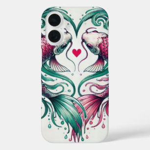 Oriental pink and teal love heart koi tattoo iPhone 16 case