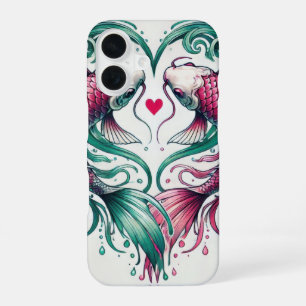 Oriental pink and teal love heart koi tattoo  iPhone 16 case