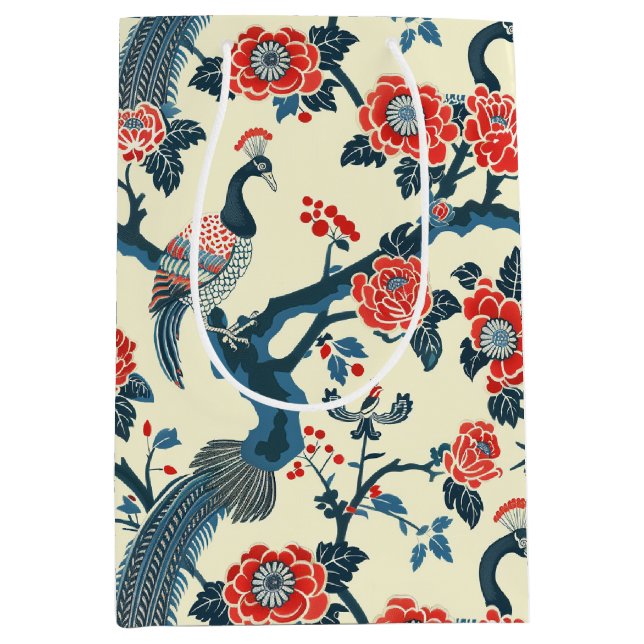 Oriental Red & Blue Floral Peacock Gift Bag (Front)