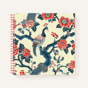 Oriental Red & Blue Floral Peacock Notebook