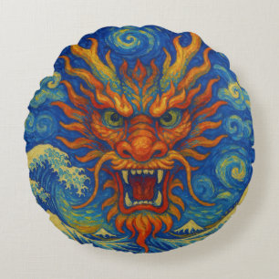 Oriental red dragon starry night Kanagawa waves  Round Pillow