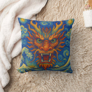 Oriental red dragon starry night Kanagawa waves  Throw Pillow