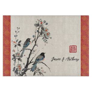 Oriental red flower birds Chinese style red Cutting Board