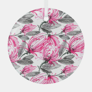 Oriental Red Flower: Watercolor Pattern. Glass Ornament