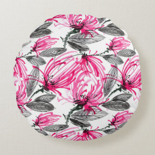 Oriental Red Flower: Watercolor Pattern. Round Pillow