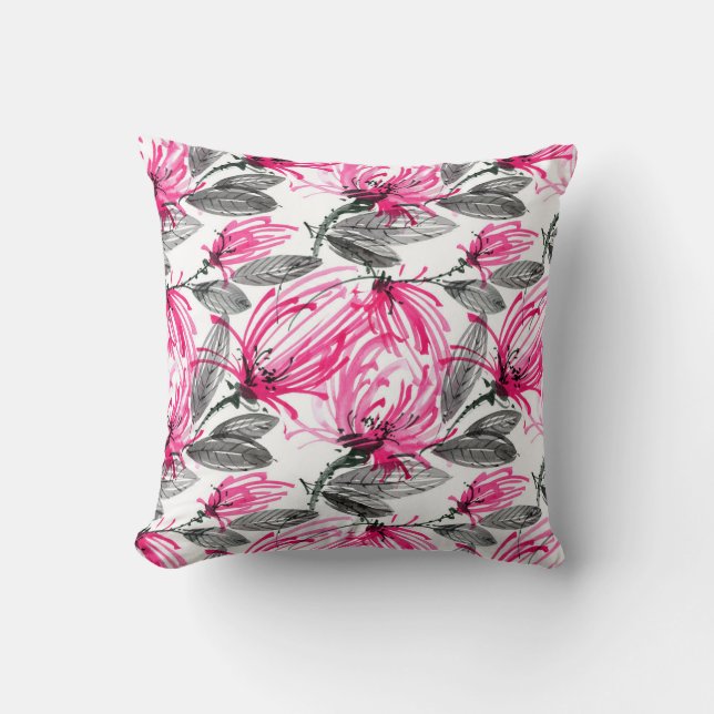 Oriental Red Flower: Watercolor Pattern. Throw Pillow (Front)