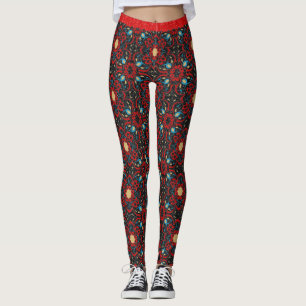 Oriental Red Gold Blue Black Glitter Chic Pattern Leggings