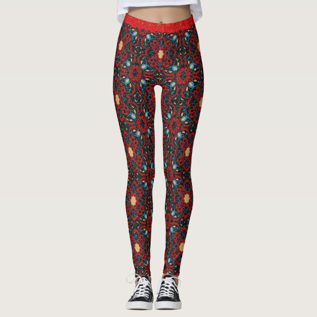 Oriental Red Gold Blue Black Glitter Chic Pattern Leggings (Front)