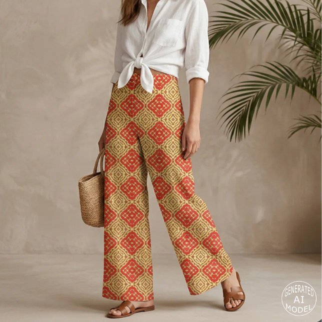 Oriental Red Gold Geometric Mosaic Tile Pattern Fabric (Creator Uploaded)