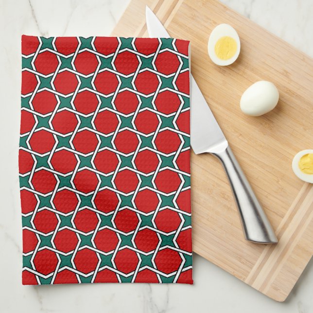 Oriental Red Green Arabic Egypt Geometric Pattern Kitchen Towel (Quarter Fold)