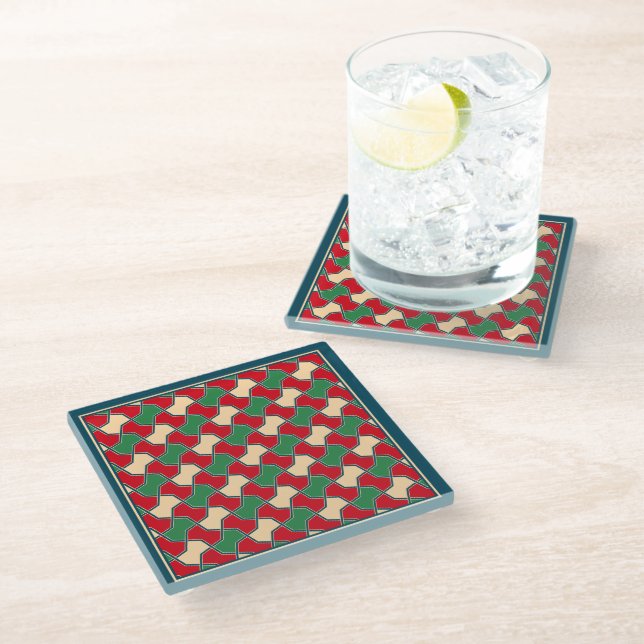 Oriental Red Green Bow Tie Geometric Pattern Glass Coaster (Angled)