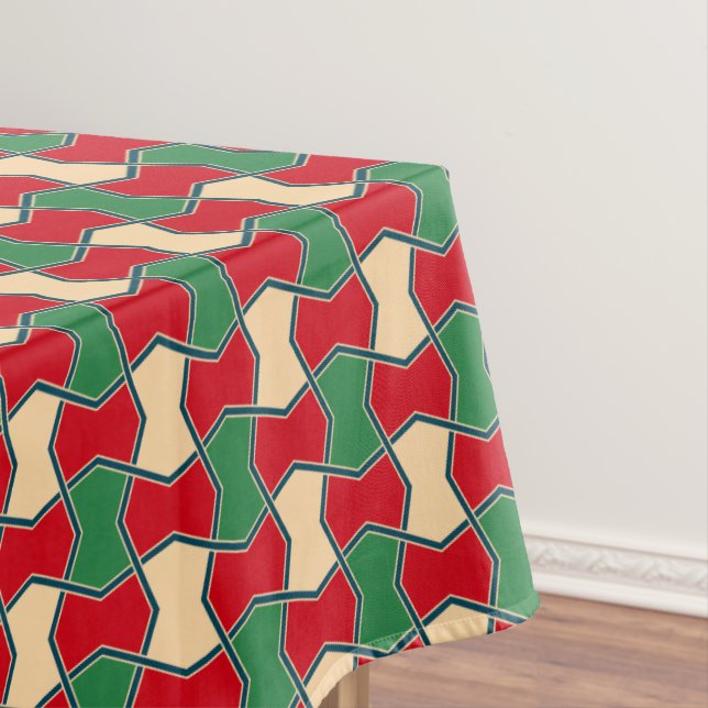 Oriental Red Green Bow Tie Geometric Pattern Tablecloth (In Situ)