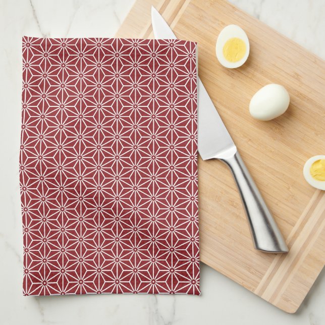 Oriental Red Shinshu Asanoha Japan Pattern Kitchen Towel (Quarter Fold)