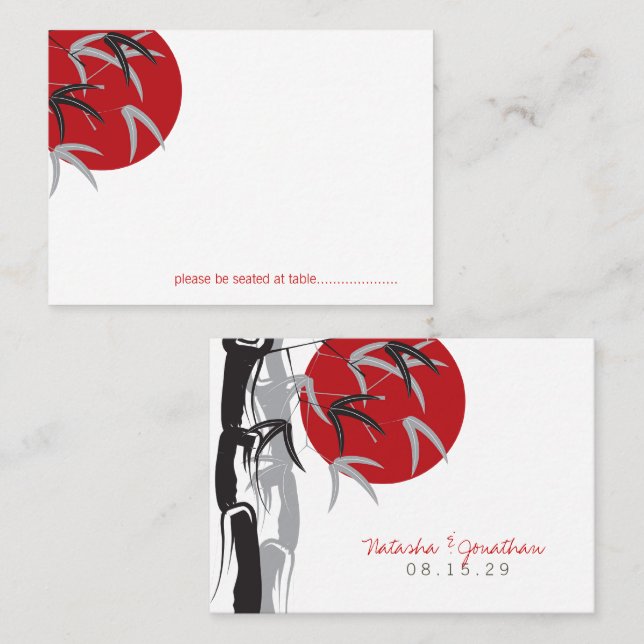 Oriental Red Sunrise Zen Bamboo Tree Asian Wedding Place Card (Front/Back)