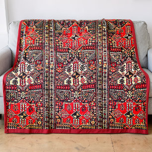 Oriental Red&White Geometric Tribal  Pattern Fleece Blanket