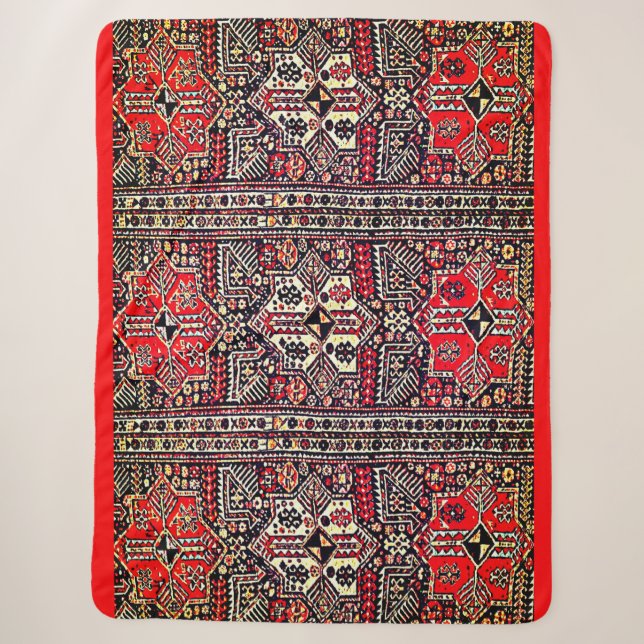 Oriental Red&White Geometric Tribal  Pattern Sherpa Blanket (Front)