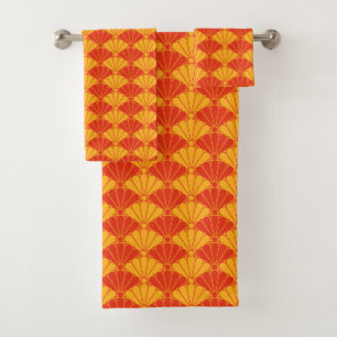 Oriental Red Yellow Kiku Chrysanthemum Mon Pattern Bath Towel Set