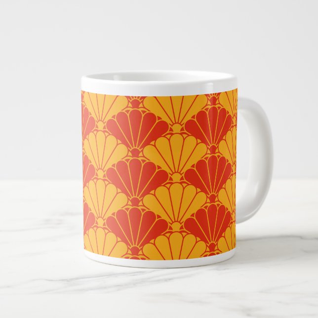 Oriental Red Yellow Kiku Chrysanthemum Mon Pattern Large Coffee Mug (Front Right)