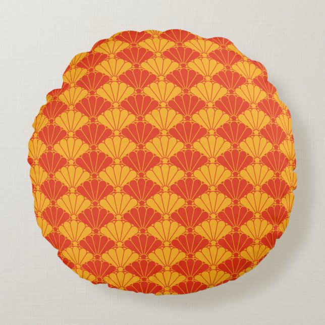 Oriental Red Yellow Kiku Chrysanthemum Mon Pattern Round Pillow (Front)