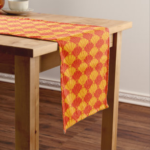Oriental Red Yellow Kiku Chrysanthemum Mon Pattern Short Table Runner