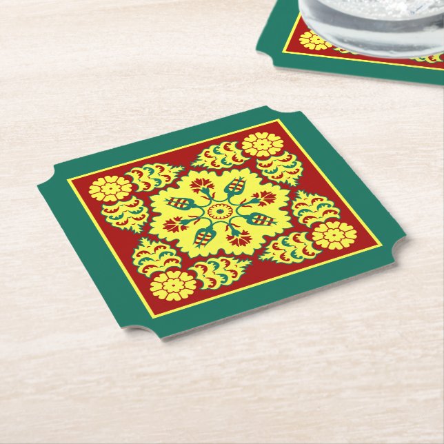 Oriental Red Yellow Ottoman Turkish Tulip Pattern Paper Coaster (Angled)