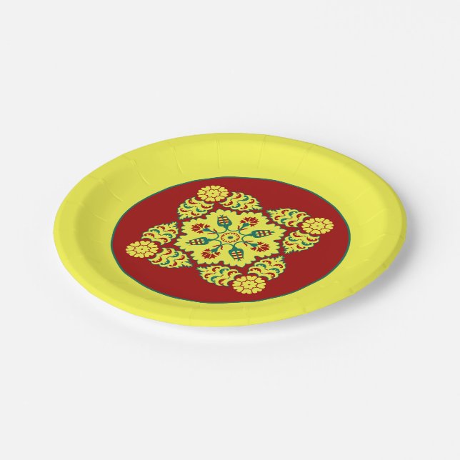 Oriental Red Yellow Ottoman Turkish Tulip Pattern Paper Plate (Angled)