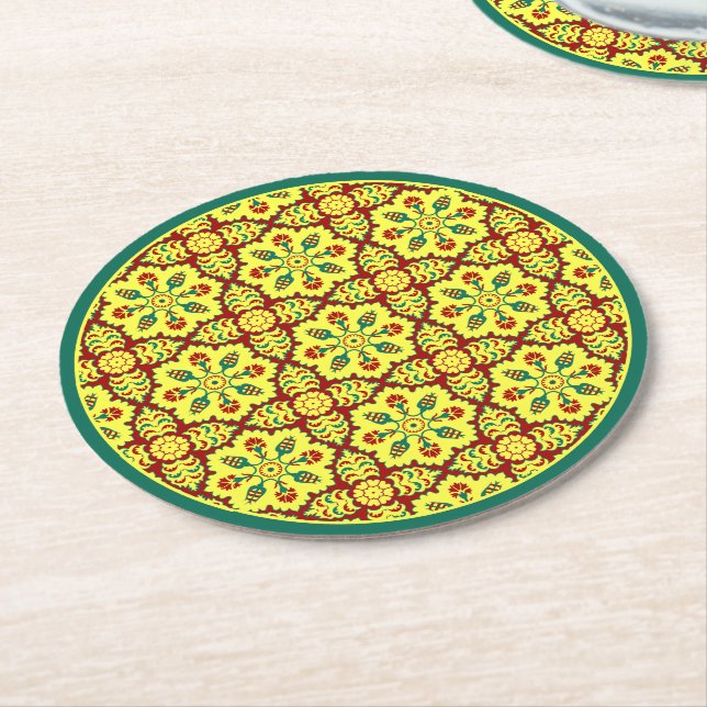 Oriental Red Yellow Ottoman Turkish Tulip Pattern Round Paper Coaster (Angled)