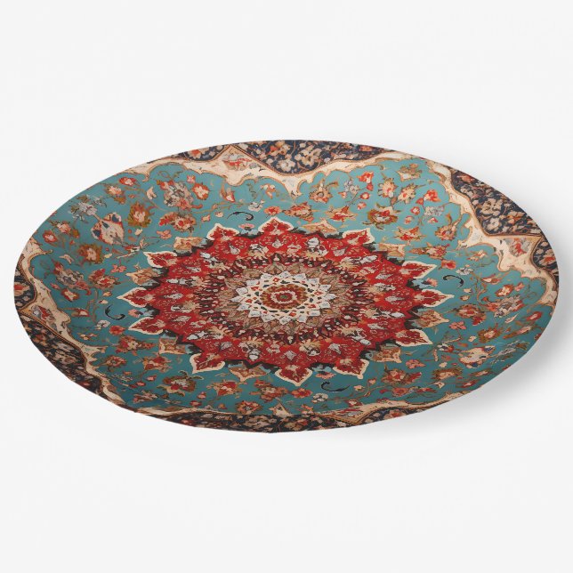 Oriental Retro Persian Pattern Red Cream Blue Paper Plate (Angled)