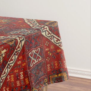 Oriental rug design in  dark red and blue tablecloth