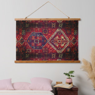 Oriental rug design in dark red hanging tapestry