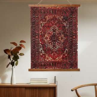 Oriental rug design in dark red hanging tapestry