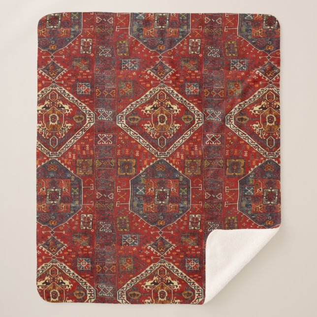 Oriental rug design in  dark red no5 sherpa blanket (Front)