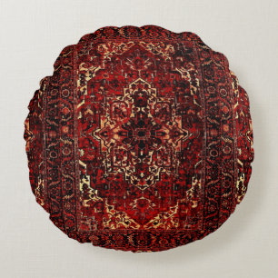 Oriental rug design in  dark red round pillow