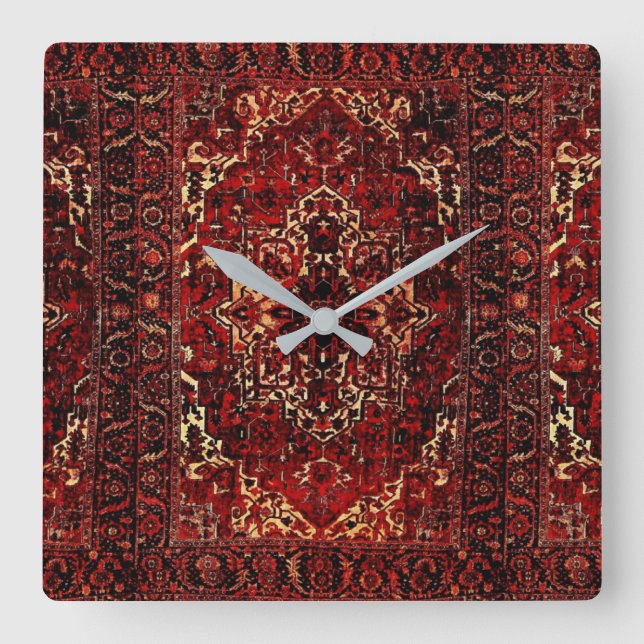 Oriental rug design in  dark red  square wall clock (Front)